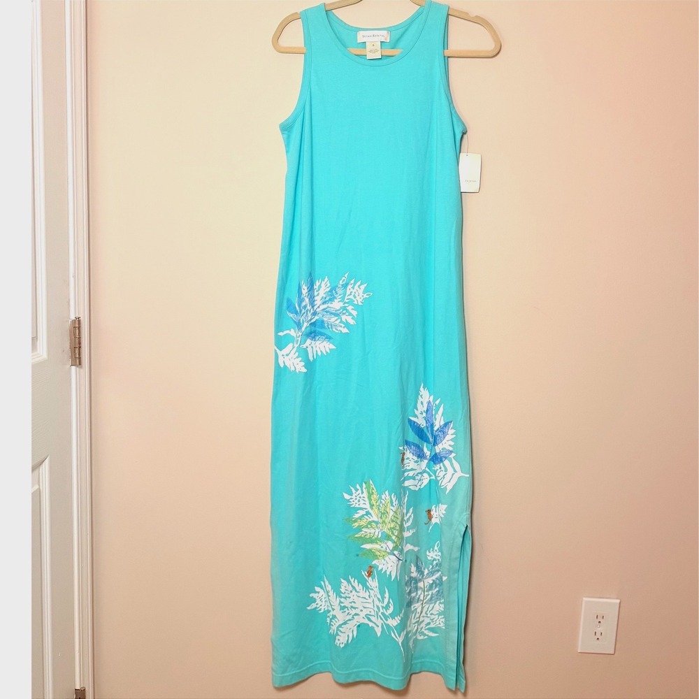 NWT Susan Bristol 90s Blue Sleeveless Maxi Dress Beaded Ocean Fish Y2K Size S